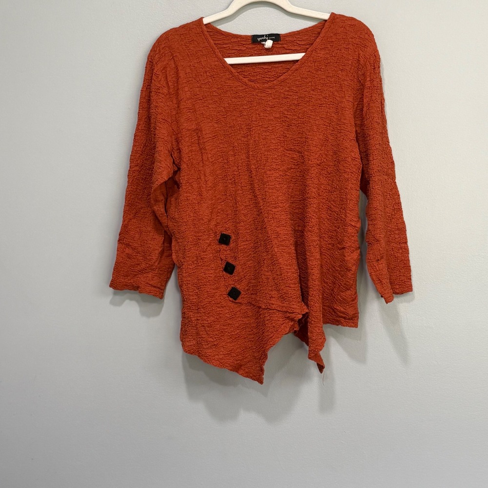 Yushi Burnt Orange Crinkle Lagenlook Top L Asymmetrical pumpkin Fall Boho Artsy